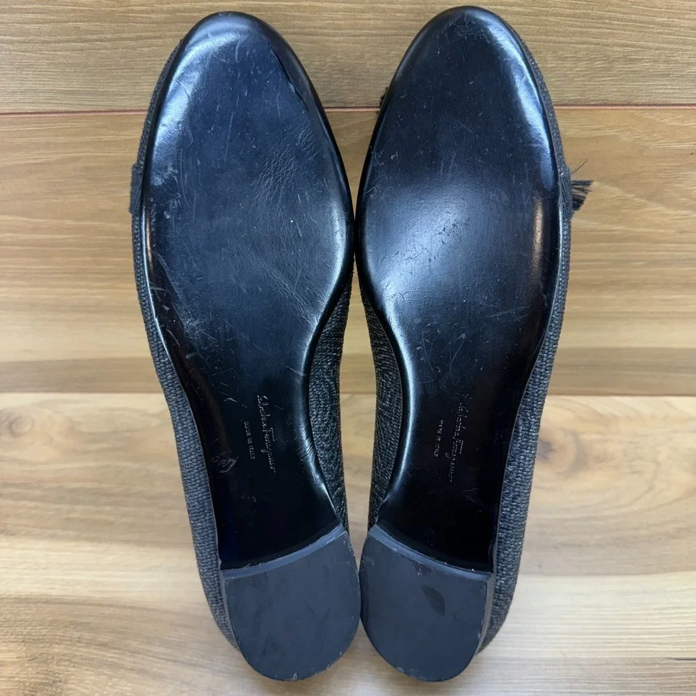 Salvatore Ferragamo Varina Raffia Woven Flats 10 B Womens Black Bow Slip On